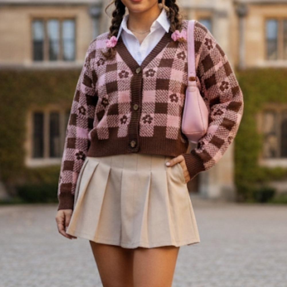 Cropped Cardigan No Boundaries XL (15-17) Brown and Pink Check — Waist-Length Sh